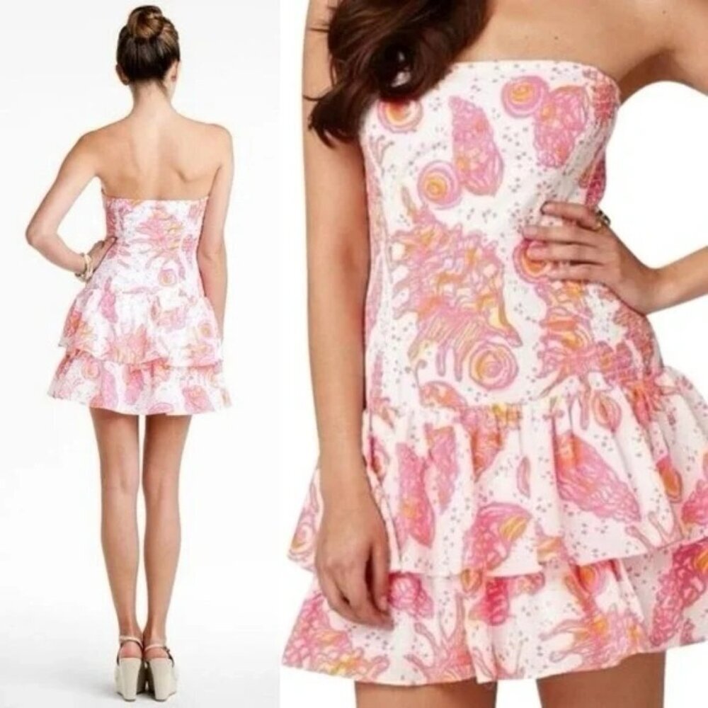 Lilly Pulitzer Elinor Dress Pink Shell Print Strapless Mini Tropical Women's M